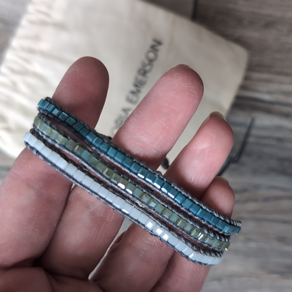 Victoria Emerson Three Wrap Crystal Beaded Bracelet Teal Gray Green White